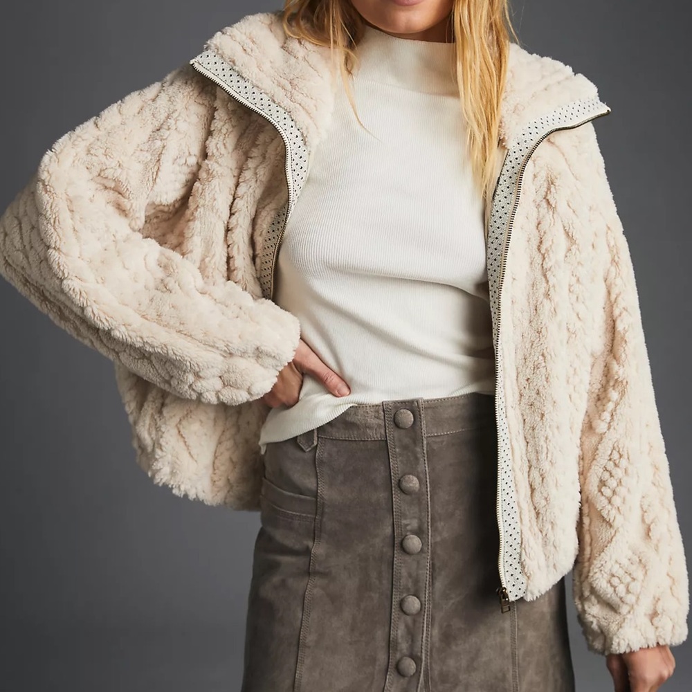 Anthropologie Cream Faux Fur Zip-Up Jacket